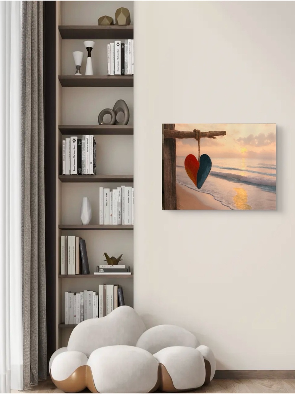 Sunset Beach Heart Canvas Wall Art - Red & Blue